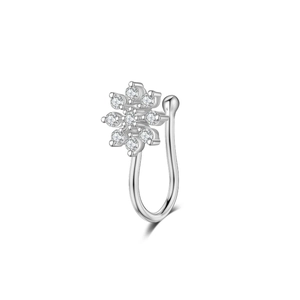 Detail view of U-shaped silver faux nose ring with a 9-stone zircon flower cluster design