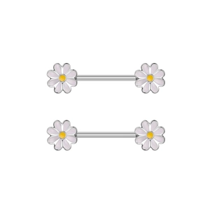 Macro shot of silver nipple bar with pink daisy flower enamel ends and yellow centers
