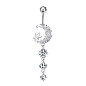 Detail of silver belly ring with crescent moon, star design and three hanging zircons