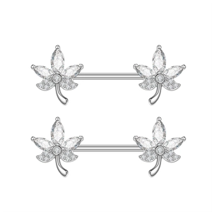 Sparkling maple leaf nipple rings set with marquise zircons in polished surgical steel