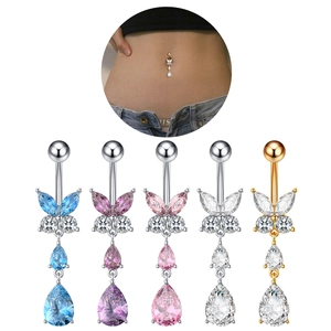 Set di 5 piercing per ombelico a farfalla con zirconi colorati e ciondoli a goccia