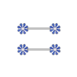 Macro detail of silver nipple rings with blue and white enamel daisy flower ornaments