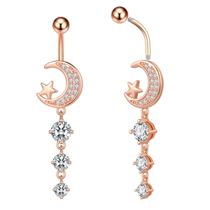 Detailed view of rose gold belly button rings with moon, star and zircon dangles