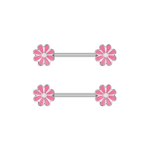 Close-up of pink flower nipple rings with zircon and enamel petals on steel barbells