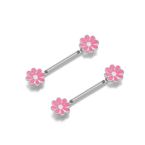 Detail view of pink flower enamel nipple rings with zircon accents on stainless steel bar