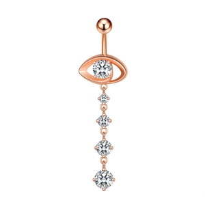 Detail view of rose gold navel piercing jewelry with eye design and cubic zirconia tassels