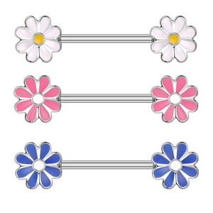 Detailed macro view of zircon flower nipple rings with enamel daisy and heart patterns