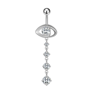 Detailed view of silver navel ring featuring eye design with dangling zircon stones