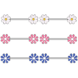 Detailed close-up of daisy nipple rings in white, pink, and blue enamel finishes