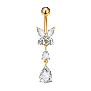 Piercing ombelico dorato con design a farfalla e cristalli di zircone a goccia
