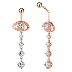Detailed view of rose gold navel piercing with eye shape and dangling white zircons