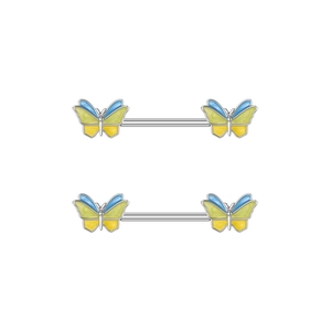 Surgical steel butterfly nipple rings with blue and yellow enamel details for women