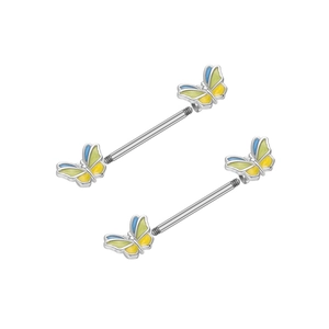 Detailed macro view of butterfly nipple rings with vibrant yellow and blue enamel finish