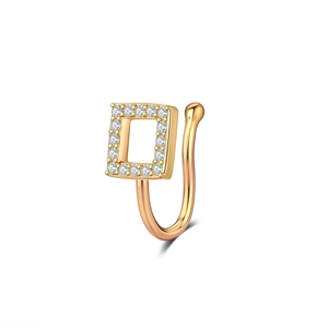 Macro shot of rose gold non-pierced square U-shape nose ring with micro-pave crystals
