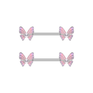 Pink butterfly nipple rings set with gradient enamel and pearls on stainless steel