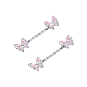 Detail view of butterfly nipple rings with pink enamel wings and white faux pearls