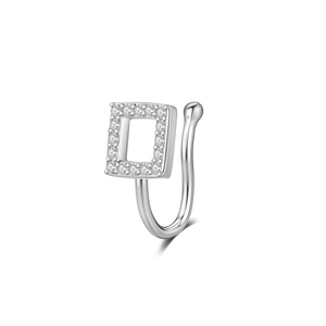Detailed view of silver non-pierced nose clip with micro-diamond square frame