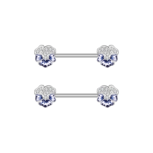 Detail of silver nipple bars with blue-purple enamel pansy flowers and cubic zirconia