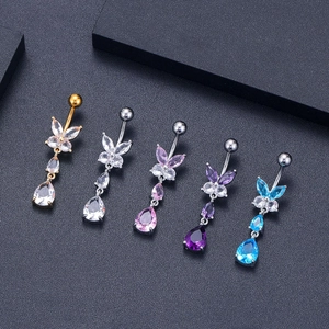 Set di piercing all'ombelico a farfalla e goccia con zirconi in cinque colori