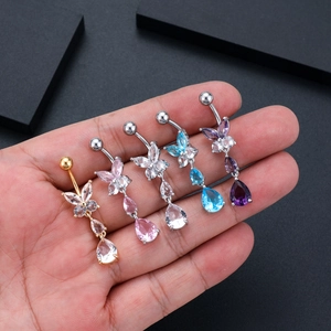 Piercing all'ombelico in acciaio con farfalle in zircone e pietre a goccia colorate