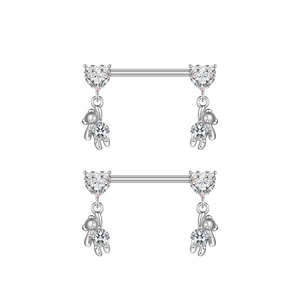 Silver nipple rings featuring heart-shaped zircon and cute hanging bear pendants