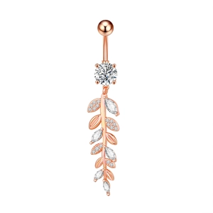 Detail of rose gold belly button ring featuring leaf pendant and sparkling round zircon