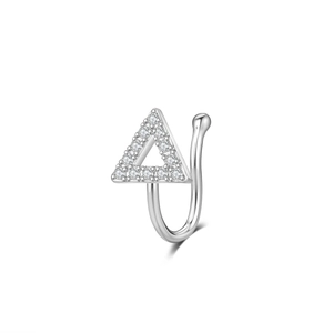 Macro detail of silver non-piercing triangle nose clip with inlaid zircon stones