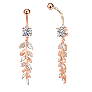 Detail of rose gold navel ring with leaf pendant and white cubic zirconia stones