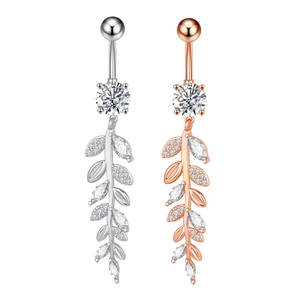 Detailed view of curved navel rings featuring leaf vine pendants with inlaid zircons