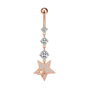 Detail of rose gold navel ring with vertical round zircons and micro-paved star pendant