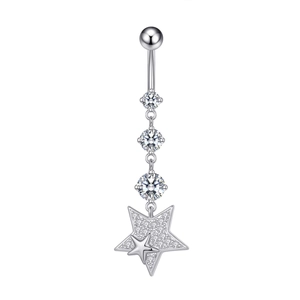 Detail showing high-polish silver navel ring with sparkling zircon star pendant charms