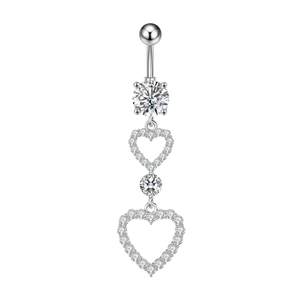 Detailed view of silver belly ring with dangling double heart and round zircon stones