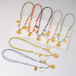 Collier Pendentif Multiple Boho en Acier Inoxydable pour Femme Corde Tressée Colorée Tortue de Mer Coquillage Soleil Mauvais Œil Perle Artificielle Bijoux