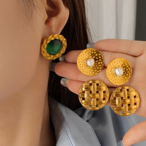 Vintage 18K gold plated titanium steel earrings with green stones and pearls