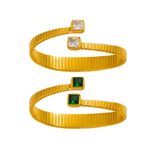 Elegante bracciale a righe placcato oro 18K con zirconi quadrati in bianco e verde smeraldo