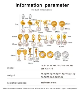 Size chart for 15 styles of stainless steel pearl earrings with dimensions and weights