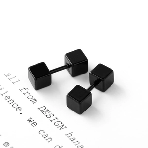 Boucles d'oreilles haltères carrées noires minimalistes en acier titane poli chic