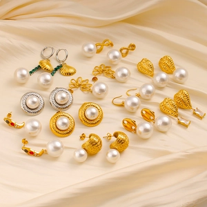 Stainless Steel Artificial Pearl Drop Earrings For Women Vintage Luxury Hammered Gold Silver Zirconia Ear Studs Wedding Party Jewelry