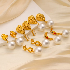 Golden stainless steel earring set with 18K plating and white pearls in various styles