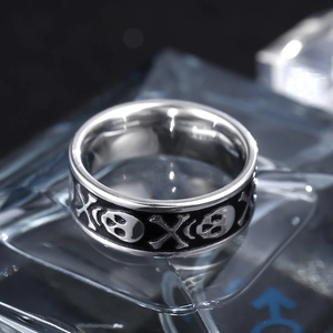 Macro shot of 8mm stainless steel ring with gothic skull and crossbones relief detailing