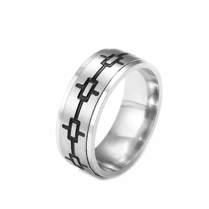 Minimalist stainless steel ring featuring engraved geometric patterns and a brushed finish
