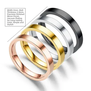 Polished 3mm stainless steel rings in black, silver, gold and rose gold finishes