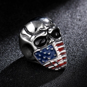 Vintage stainless steel skull ring with American flag mask design for men's punk jewelry