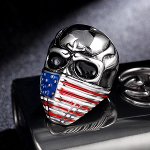 Vintage stainless steel skull ring with American flag mask design for men