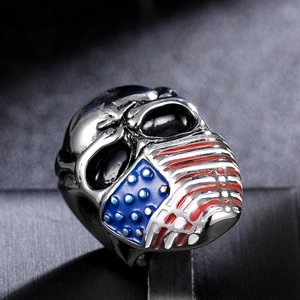Macro shot of vintage skull ring featuring American flag mask with patriotic details