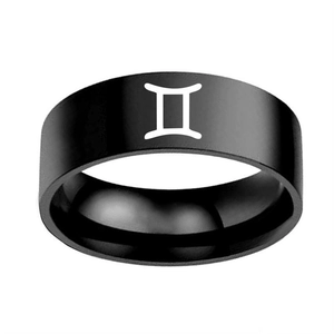Bague zodiaque en acier inoxydable noir mat avec symbole Gémeaux blanc pour homme et femme