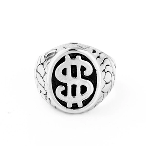 Gothic punk silver ring featuring a bold dollar sign logo with black fill for men