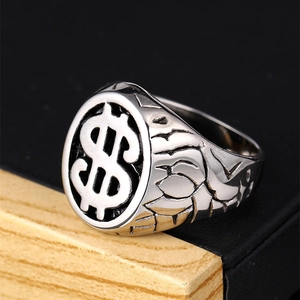 Vintage Men 316 Stainless Steel Dollar Sign Signet Ring Rock Punk Gothic Hip Hop Jewelry Silver Tone Finger Ring