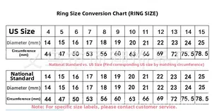 Detailed ring size guide chart showing US and standard diameter and circumference in mm