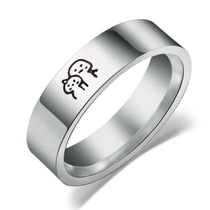Polished stainless steel couple ring featuring engraved minimalist cartoon avatars